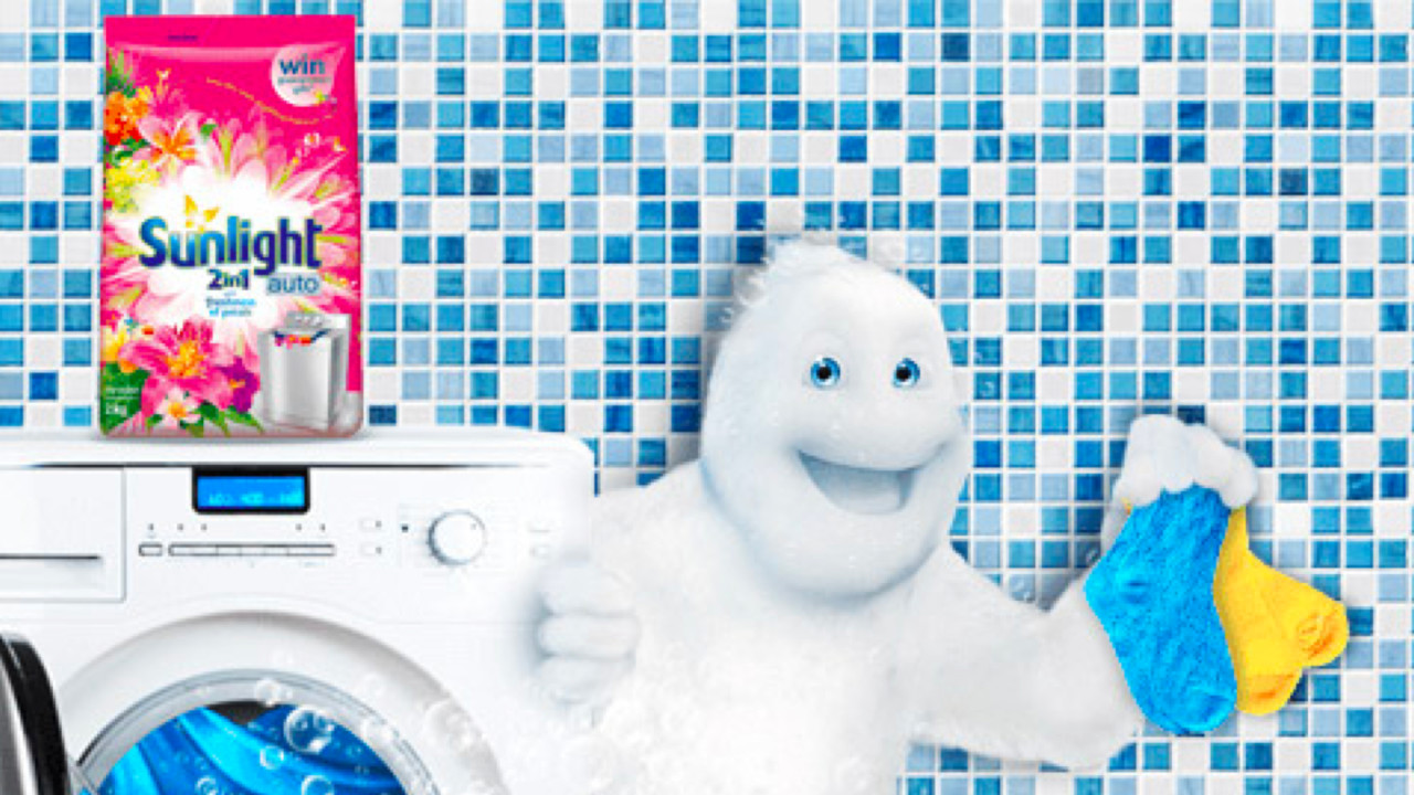 Bubble man by washing machine